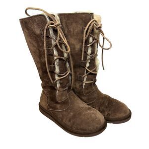 UGG Whitley Tall Brown Suede Boots Lace Up Sheepskin Wool Lining Size 7‎ Clean